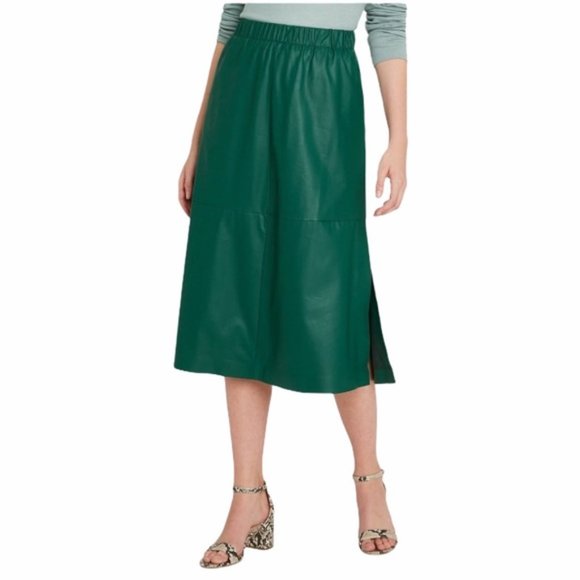 A NEW DAY Women's Green Faux Leather Trendy Contemporary A-Line Midi Skirt NWT - Picture 3 of 7